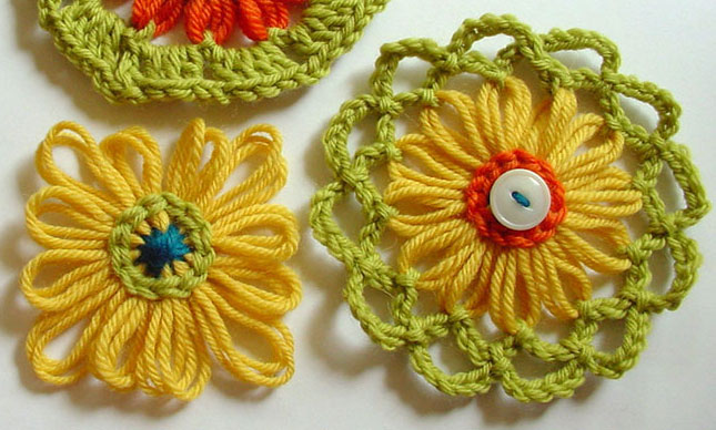 Loomed flowers with chain stitch decoration