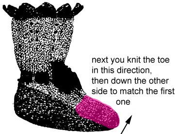 Next you knit the toe across to the other side of the bootee and work the second side to match