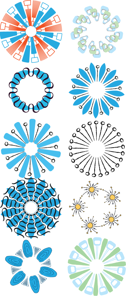 Circles and flowers drawn with te Atomica brush set for Adobe Illustrator