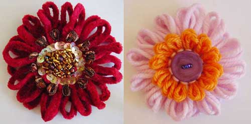 Loomed flowers with beads and buttons in the center