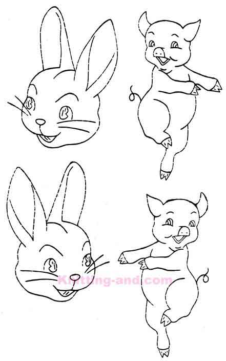 Rabbit faces and dancing pigs embroidery pattern