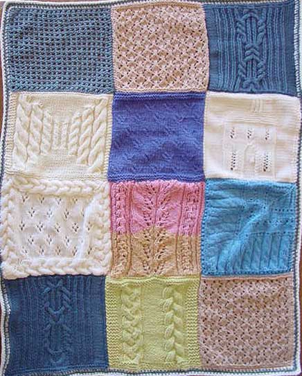 Knitted sampler blanket with cables and lace patterning