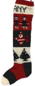 Intarsia Christmas stocking with trees, Santa Claus and children.