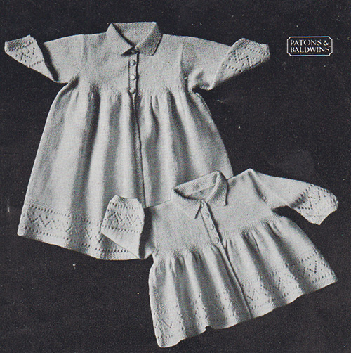 Free knitting pattern for a baby's matinee jacket and carrying coat with lace pattern around the cuffs and bottom