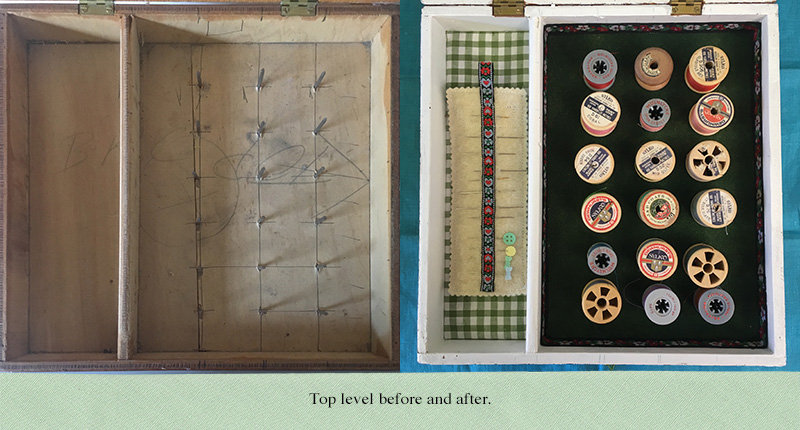 Rough hewn wooden needlework box shown before and after lining with fabric