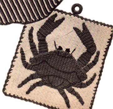 Square potholder with crochet crab appliqued on the front