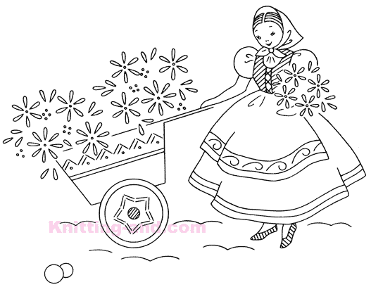Embroidery design of a Dutch girl with flowers