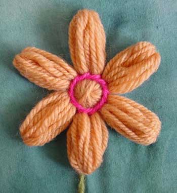 Yarn petals grouped into six embroidered petals