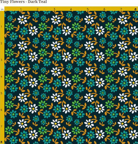 Dark teal fabric with small white flowers. Available on Spoonflower