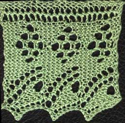 Knitted lace edging with scroll border and diamond design