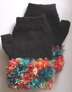 Knitted fingerless mitts with novelty yarn cuffs