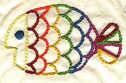 Hand embroidered rainbow fish in chain stitch