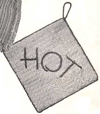 Square potholder with edging and the word hot embroidered on it