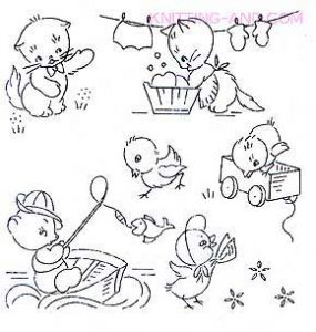 Kittens and chicks doing chores embroidery designs