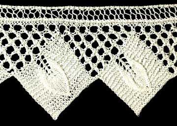Knitted lace edging with embossed leaves and lace diamonds
