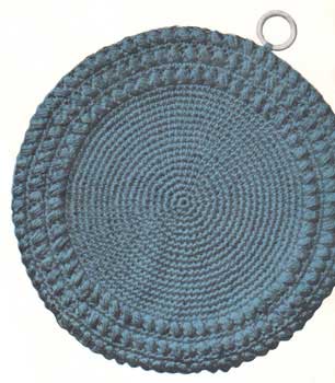 Round crocheted potholder with rounds of popcorn stitch at the edges