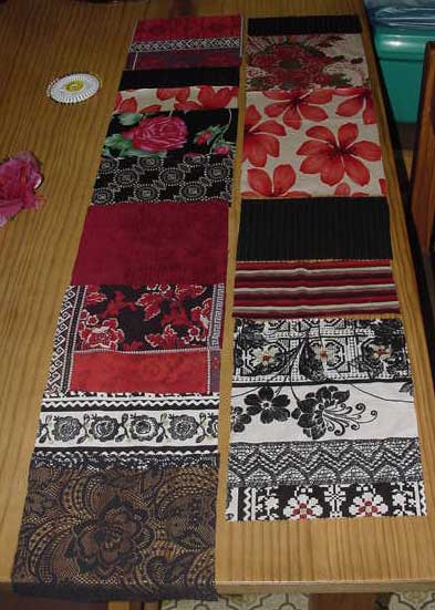 Red and black patches laid in order for sewing