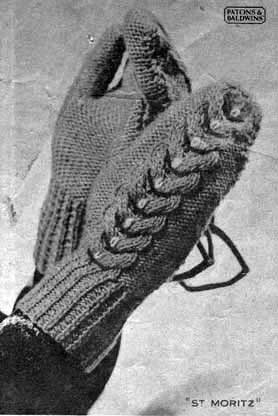 Vintage knit mittens with cable pattern