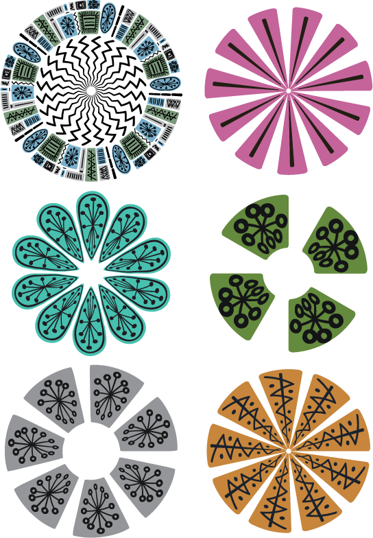 Mid century modern circle motifs drawn with the Temporama brush set for Adobe Illustrator