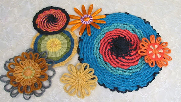 A collection of loomed flowers with double weaving