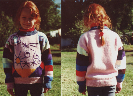 CHild's jumper/sweater with intarsia and embroidered design.