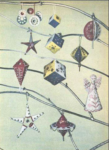 Felt CHristmas decorations decorated with embroidery and sequins