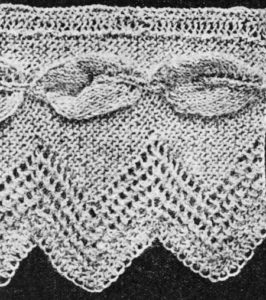 Raised leaf lace knitting edging with zig-zag edge.