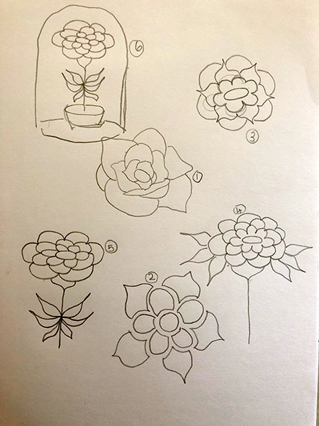 Sketches of a rose and a bell jar terrarium