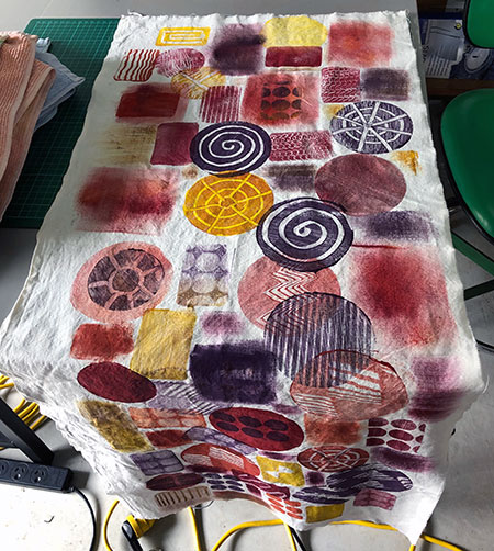 large piece of gelli printed fabric