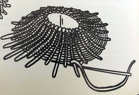 Black and white drawing of a mirror embroidered to a surface with padding behind it to create a raised, three dimensional form.