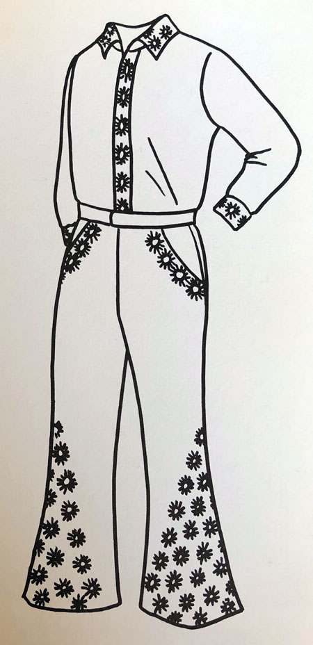 A black and white sketch of a man's shirt with mirrored embroidery on the cuffs, collar and button placket. The flared trousers have large triangular designs made up of mirrored embroidery facing out.