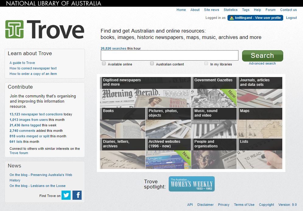 A screenshot of the Australian National Library's online archives, Trove.