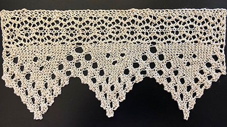 Hand knit lace with wide band of openwork and deep points with large eyelets created by casting on and off
