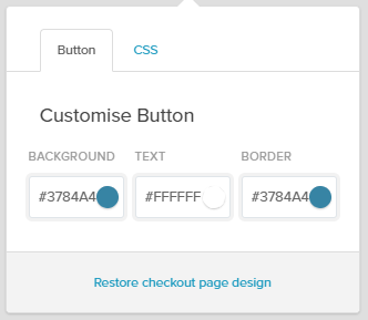 Screenshot of the "Customise Button" colour chooser on Payhip. 
The top menu bar reads from left to right, button, css. The "button" tab is clicked.
Below that are the words "Customise Button", underneath which are text boxes containing the hex codes for the background, text and border.
