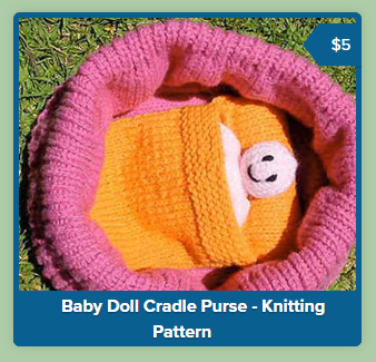 A screenshot from Payhip showing a product link from the main page of my Payhip shop. The image is a square filled with a photo of a knitted toy. Surrounding the box is a thick blue outline.