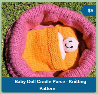 A screenshot from Payhip showing a product link from the main page of my Payhip shop. The image is a square filled with a photo of a knitted toy. At the bottom is an opaque blue bar with the title of the product. On the top right is a short blue flag shape containing the price. 